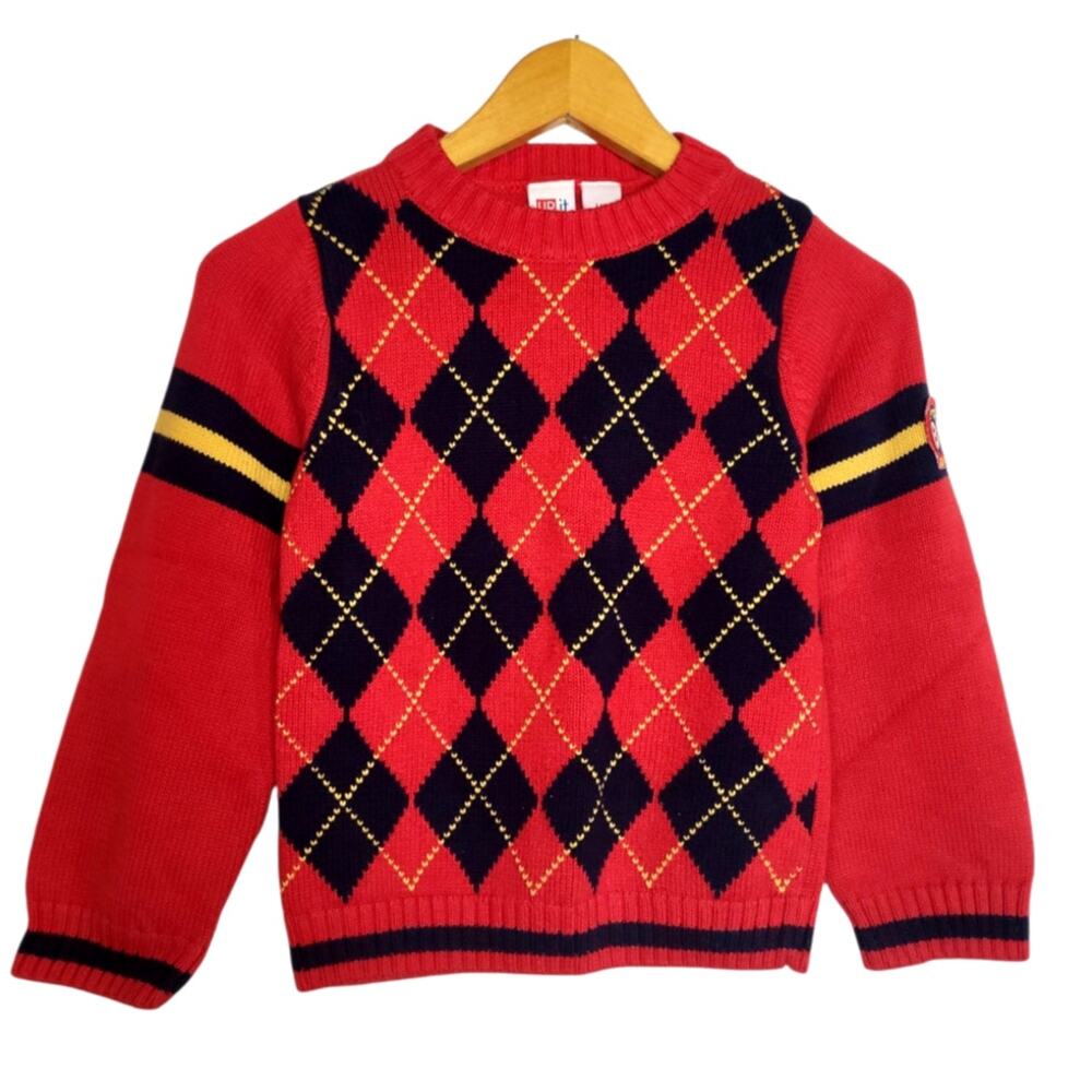 Vintage UR it Boy's Quality Knit Argyle Sweater Red/ Blue Yellow Accents Size 7